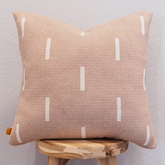 100% Cotton Knitted Soft Modern Geometric Dash Lines Throw Pillow Cover (Rust & Cream, 20" x 20")