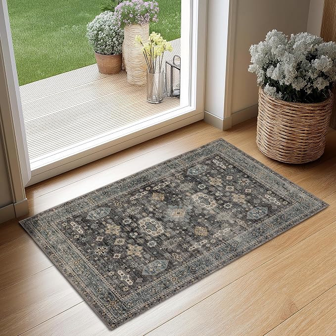 Ruaruarug Washable Area Rug 2x3, Silver | Ultra Soft, Non Slip, Stain & Fade Resistant, Pet & Kids Friendly, High Traffic Areas