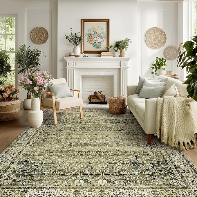 BILEEHOME Washable 6x9 Area Rugs for Bedroom Aesthetic,Cozy Soft Neutral Distressed Floral Dark Olive Green Decor Vintage Boho Rug for Living Room Bed Room Dining Room
