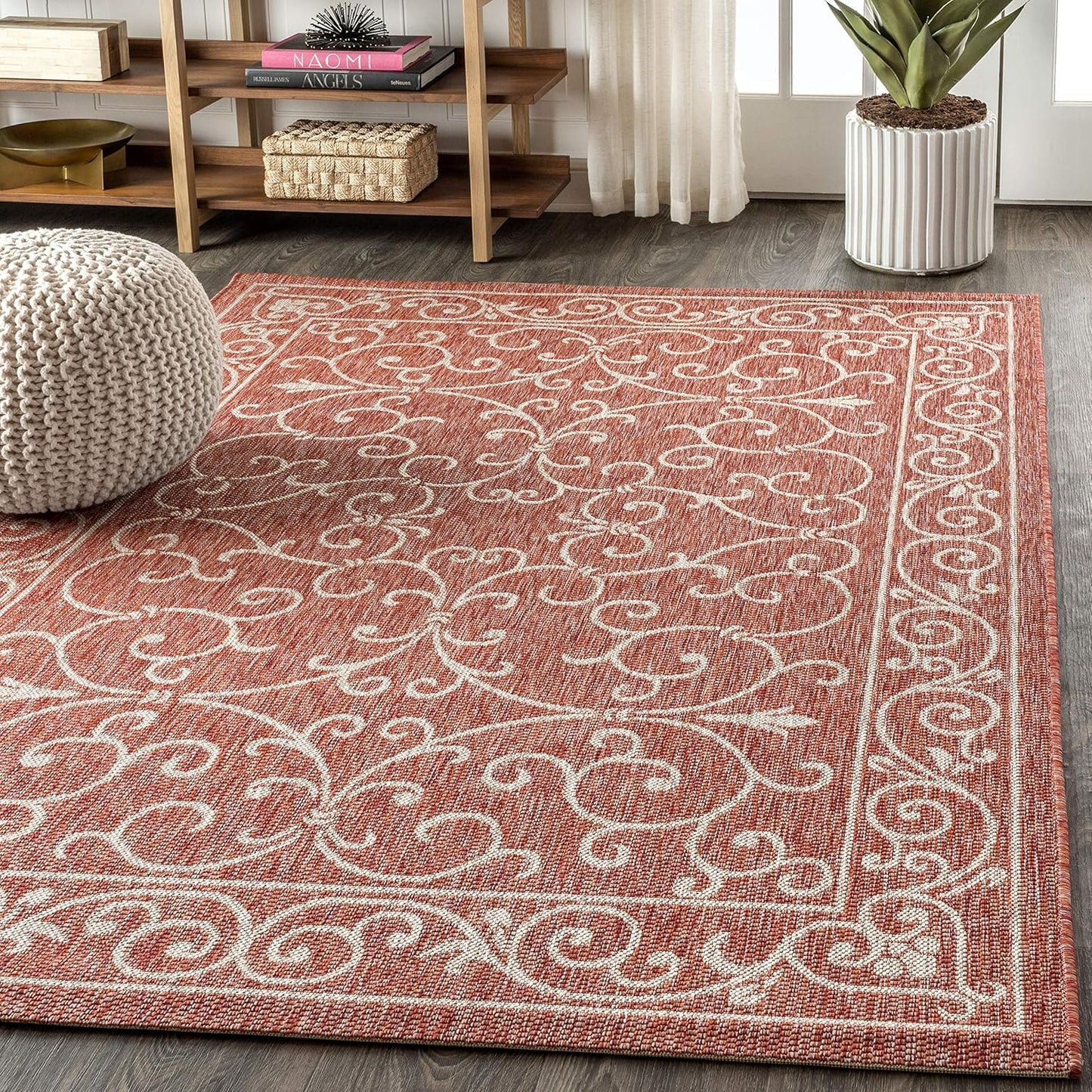 JONATHAN Y Vintage Filigree Indoor Outdoor Area Rug 9X12 Red/Beige, Charleston Textured Weave for Backyard, Patio, Porch, Easy-Cleaning, High Traffic, Pet-Friendly, Non-Shedding (SMB106B-9)