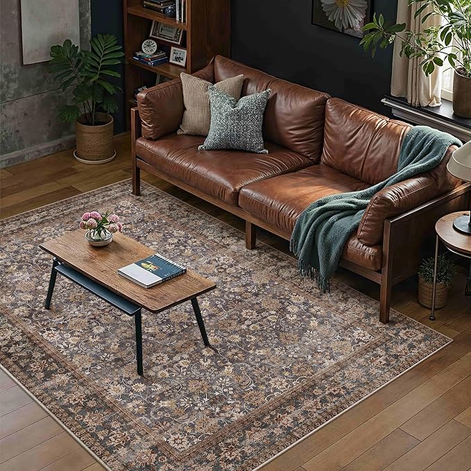 Hugear 5x7 Machine Washable Rugs Tradition Brown Hallway Area Rug Indoor Accent Rug Floral Low Pile Carpet Soft Throw Aesthetic Rug Bedroom Living Room Office Dining Room Kitchen Laundry Room Non Slip