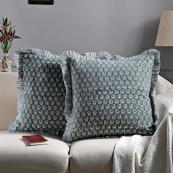 Ridhi Block Print Peacock Blue Throw Pillow Cover 20" x 20" (Pack of 2) Decorative Cushion Covers with Ruffle for Couch, Sofa, Bed, Living Room, Home Decor Gift for Spring, Easter, Valentine