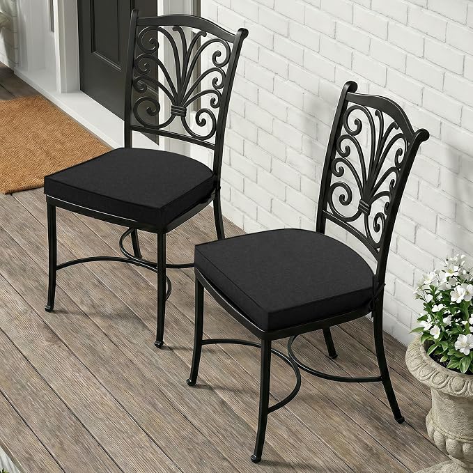 Outdoor Chair Cushions, Fade-Resistant & Water-Resistant, D Shaped Patio Furniture Seat Chair Pads Replacement with Ties, Non-Slip Bottom, Removable Cover, Set of 4, 17 x 16 Inch, Black
