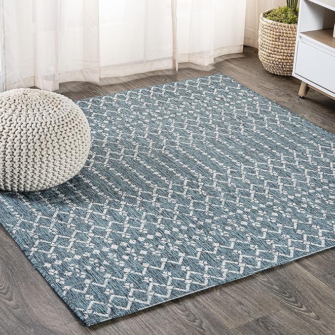 JONATHAN Y Moroccan Geometric Indoor Outdoor Square Area Rug 8X8 Teal/Gray, Ourika Textured Weave for Backyard, Patio, Porch, Easy-Cleaning, High Traffic, Pet-Friendly, Non-Shedding (SMB108C-8SQ)