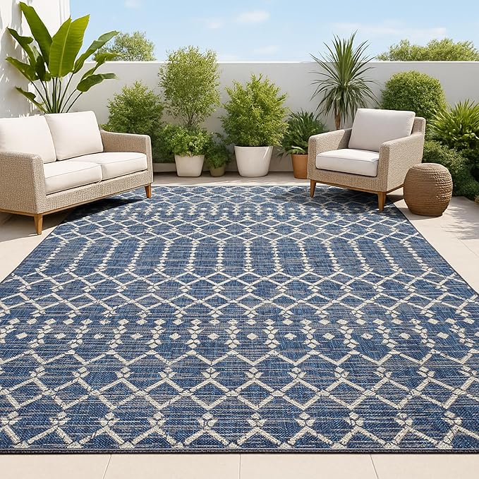 JONATHAN Y Moroccan Geometric Indoor Outdoor Area Rug 3X5 Navy/Beige, Ourika Textured Weave for Backyard, Patio, Porch, Easy-Cleaning, High Traffic, Pet-Friendly, Non-Shedding (SMB108K-3)