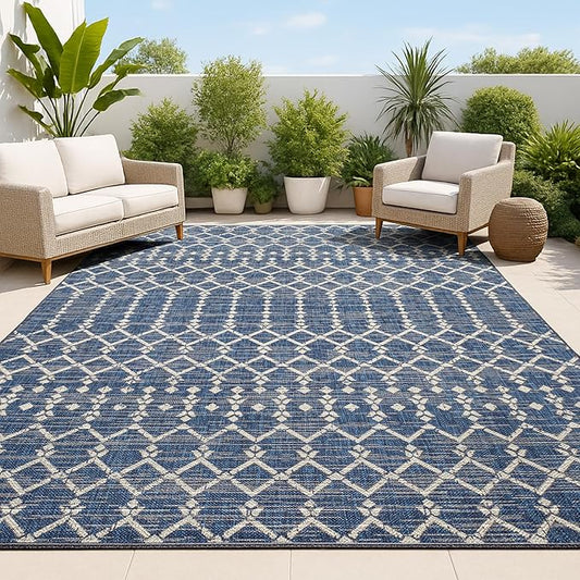 JONATHAN Y Moroccan Geometric Indoor Outdoor Area Rug 4X6 Navy/Beige, Ourika Textured Weave for Backyard, Patio, Porch, Easy-Cleaning, High Traffic, Pet-Friendly, Non-Shedding (SMB108K-4)