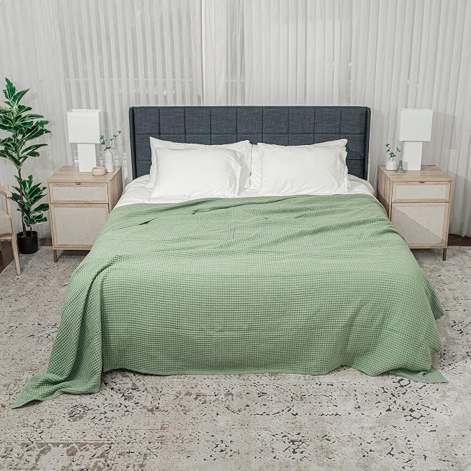 Comfy Cubs 100% Cotton Waffle Weave Throw Blanket Breathable Skin-Friendly Soft Lightweight Blankets - Perfect Warm Textured Blanket Layer - Size for Couch Bed & Sofa (Sage, 50" X 60")