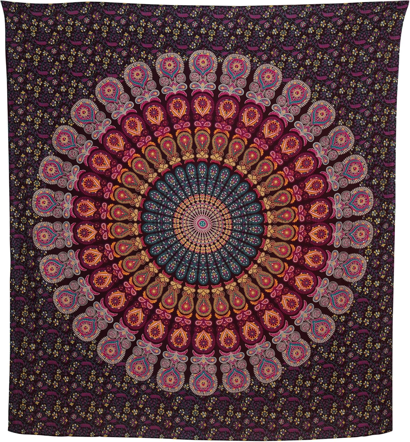 Bless International Handmade Indian hippie Bohemian Psychedelic Peacock Mandala Wall hanging College Dorm Beach Throws Table Cloth Bedding Tapestry (Golden Pink Blue, Queen(84x90Inches)(215x230Cms))