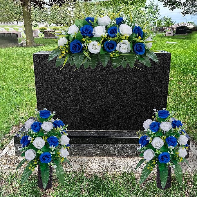 DONODA 2 Sets Artificial Cemetery Flowers， Outdoor Grave Decorations Roses，Accompanied by 2 Long Nail Vases。Lasting and Non-Bleed Colors. (18 Heads (Dark Blue+White))