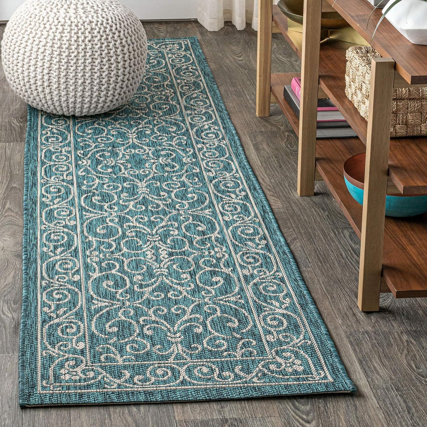 JONATHAN Y Vintage Filigree Indoor Outdoor Runner Rug 2X8 Teal/Gray, Charleston Textured Weave for Backyard, Patio, Porch, Easy-Cleaning, High Traffic, Pet-Friendly, Non-Shedding (SMB106F-28)