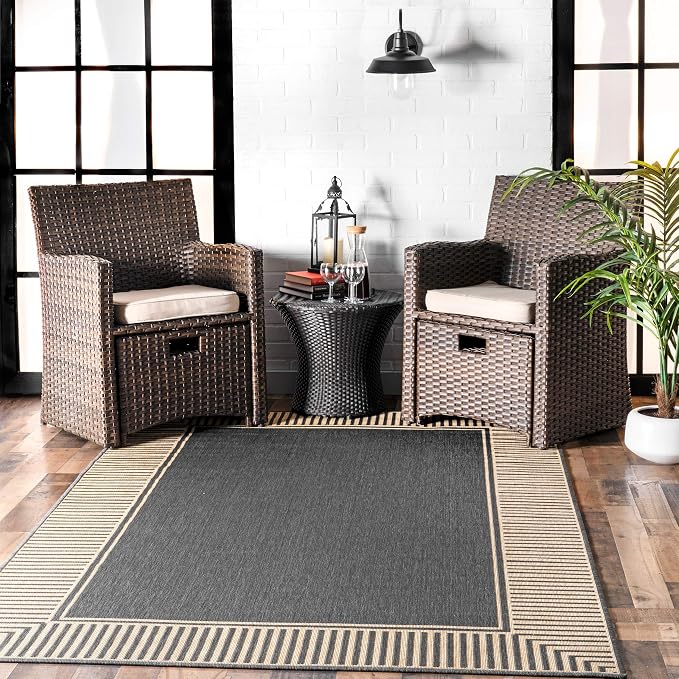 Nuloom Asha Dark Grey/Ivory, 9'6" x 12', Casual, Striped Border, Soft and Cozy, High Traffic, Stain Resistant, Easy Clean, Durable Area Rug for Indoor/Outdoor Patio, Deck, Porch, Garden, Courtyard