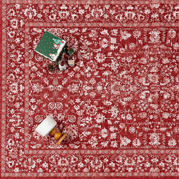 PureCozy Red Area Rug 4x6 Entryway Washable Non Slip Bedroom Carpet Door Mat Vintage Distressed Floral Accent Rug Low Pile Holiday Decorative Soft Doormat for Bathroom Laundry Kitchen