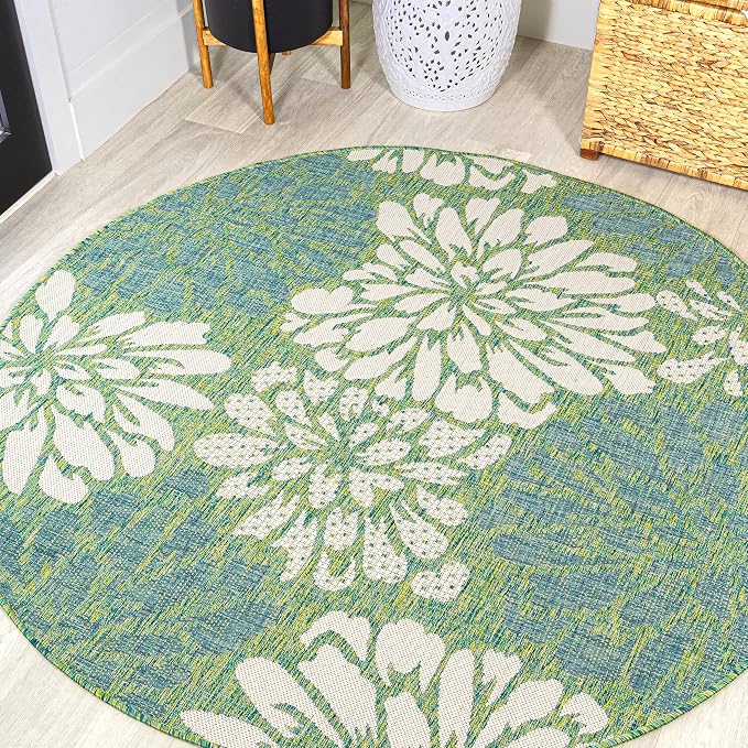 JONATHAN Y Floral Textured Weave Indoor Outdoor Round Area Rug 6 Ft Cream/Green, Zinnia Modern for Backyard, Patio, Porch, Easy-Cleaning, High Traffic, Pet-Friendly, Non-Shedding (SMB110D-6R)