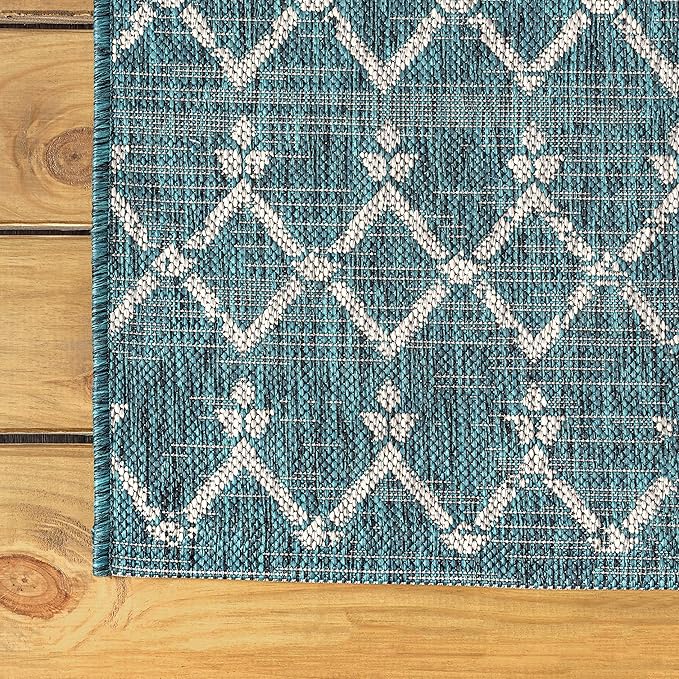 JONATHAN Y Moroccan Geometric Indoor Outdoor Square Area Rug 9X9 Teal/Gray, Ourika Textured Weave for Backyard, Patio, Porch, Easy-Cleaning, High Traffic, Pet-Friendly, Non-Shedding (SMB108C-9SQ)
