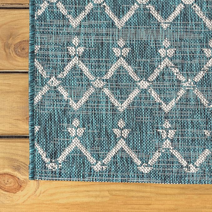 JONATHAN Y Moroccan Geometric Indoor Outdoor Round Area Rug 6 Ft Teal/Gray, Ourika Textured Weave for Backyard, Patio, Porch, Easy-Cleaning, High Traffic, Pet-Friendly, Non-Shedding (SMB108C-6R)