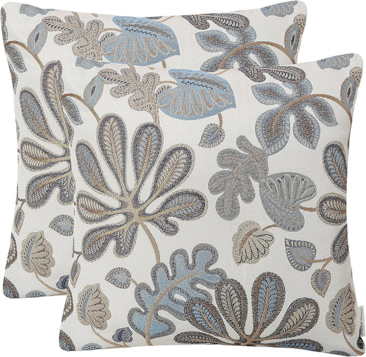Set of 2 Jacquard Tropical Leaf Pattern Throw Pillow Covers Decorative Pillowcase 22X22 Inches,Blue Cream