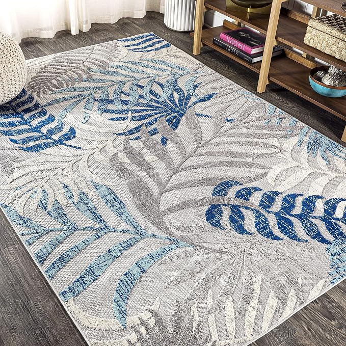 JONATHAN Y Tropics Palm Leaves Indoor Outdoor Area Rug 3X5 Gray/Blue | Ships Rolled, Durable Flat Weave, Lays Flat for Backyard, Patio, Porch, Easy-Cleaning, High Traffic,Pet-Friendly,Non-Shedding