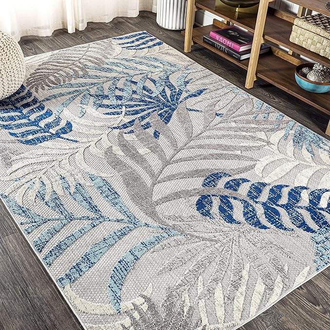 JONATHAN Y Tropics Palm Leaves Indoor Outdoor Area Rug 8X10 Gray/Blue | Ships Rolled, Durable Flat Weave, Lays Flat for Backyard, Patio, Porch, Easy-Cleaning, High Traffic,Pet-Friendly,Non-Shedding