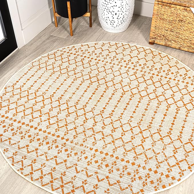 JONATHAN Y Moroccan Geometric Indoor Outdoor Round Area Rug 5 Ft Cream/Orange, Ourika Textured Weave for Backyard, Patio, Porch, Easy-Cleaning, High Traffic, Pet-Friendly, Non-Shedding (SMB108O-5R)