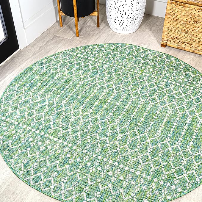 JONATHAN Y Moroccan Geometric Indoor Outdoor Round Area Rug 5 Ft Green/Cream, Ourika Textured Weave for Backyard, Patio, Porch, Easy-Cleaning, High Traffic, Pet-Friendly, Non-Shedding (SMB108L-5R)