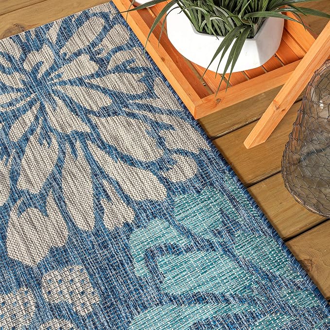 JONATHAN Y Floral Textured Weave Indoor Outdoor Area Rug 8X10 Navy/Aqua, Zinnia Modern for Backyard, Patio, Porch, Easy-Cleaning, High Traffic, Pet-Friendly, Non-Shedding (SMB110C-8)
